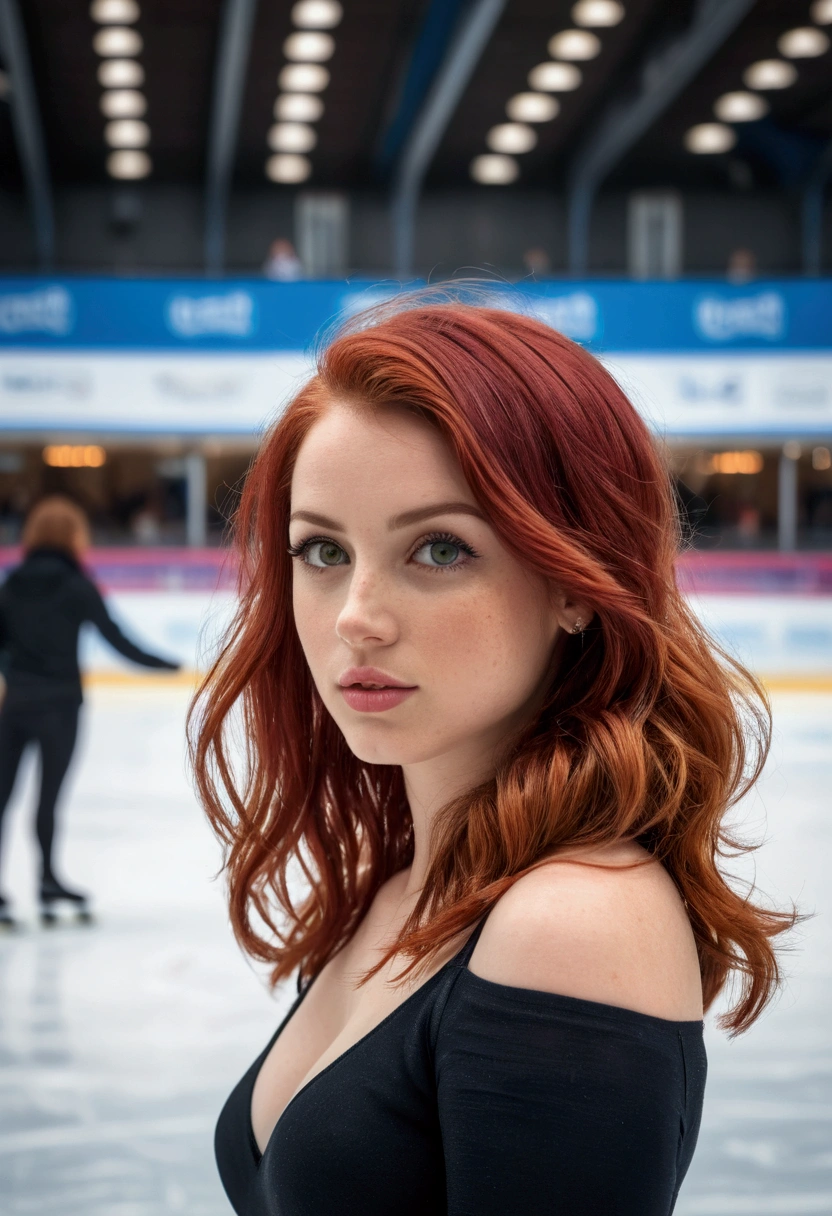 1 girl, 24 years old, sexy, (bright red hair:1.3), shoulder length hair, parts, blue eyes, Photo, (Photorealism:1.4), realistic anatomy, medium breasts, aryan image, Una modelo de 24 años with una preciosa, slightly curvy body, in a glamorous Photo shoot at an ice rink, ice rink without people, SFW, ropa blanca Representa a Aria with un elegante withjunto de invierno que muestra su aspecto moderno withtra un fondo helado.. Create a visually appealing illustration that emphasizes both the winter atmosphere and Aria&#39;s sophisticated winter fashion.., capturing the essence of ice skating chic.

Traducido with www.DeepL.with/Translator (Free version)