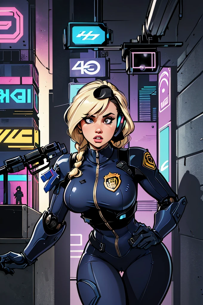 a robotic cop with flashing lights on head, obviously mechanical, large metal sections, police insignia, confronting a ditsy blonde woman age 40, huge breasts, big butt, wet pussy, slut clothing, subway, (best quality,4k,8k,highres,masterpiece:1.2),ultra-detailed,(realistic,photorealistic,photo-realistic:1.37),intricate details,cinematic lighting,dramatic shadows,moody atmosphere,cyberpunk,neon lights,gritty urban setting
