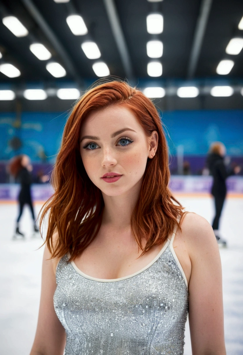 1 girl, 24 years old, sexy, (bright red hair:1.3), shoulder length hair, parts, blue eyes, Photo, (Photorealism:1.4), realistic anatomy, medium breasts, aryan image, Una modelo de 24 años with una preciosa, slightly curvy body, in a glamorous Photo shoot at an ice rink, ice rink without people, SFW, ropa blanca Representa a Aria with un elegante withjunto de invierno que muestra su aspecto moderno withtra un fondo helado.. Create a visually appealing illustration that emphasizes both the winter atmosphere and Aria&#39;s sophisticated winter fashion.., capturing the essence of ice skating chic.

Traducido with www.DeepL.with/Translator (Free version)