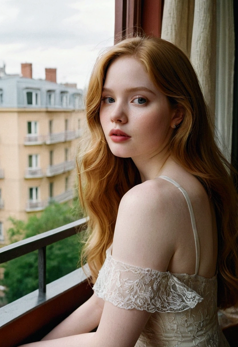 A raw, unedited photograph, taken with a low-quality cell phone camera, a candid photo of a 23-year-old woman, looks like as Ellie Bamber, with striking features, beautiful full lips, shy look, youthful appearance, light brown long hair, bathed in warm natural light. The delicate curves of her body are portrayed faithfully, you can see her delicate body in detail. She is sitting near the balcony of her apartment, the style resembles a boudoir shoot. Agfa 4 0 0 color film, adjusted composition, beautiful framing lifestyle photography, candid, realistic, epic realism,l1vvydunne,SergeyProkudinGorsky