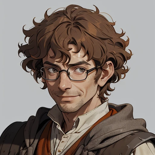 (masterpiece), (best quality),(portrait),(bust up),1boy,solo,(sharp focus),(look at viewer),Bilbo Baggins, oldman,hobbit,ancient long clothes,(simple background),gray background,old school fantasy art,super shiny face,Ultra Glossy Skin,medieval farmer outfit,poor outfit,farmer,brown outfit,orange cloak,messy hair,curly hair,very short hair,perm hair,smile,Ancient glasses