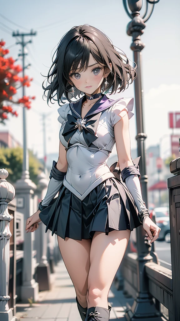 High resolution，Detailed Description，Highest quality，(Sailor Warrior Uniform),Sailor Saturn，Black Hair，universe，leotard，High Leg，Purple Skirt，Knee-high boots，Elbow Handbag，Thick thighs，The skirt is short,スカートの下に白色のleotardが見える，The skirt is blown away by the wind，blush，Embarrassed expression，Open your mouth，