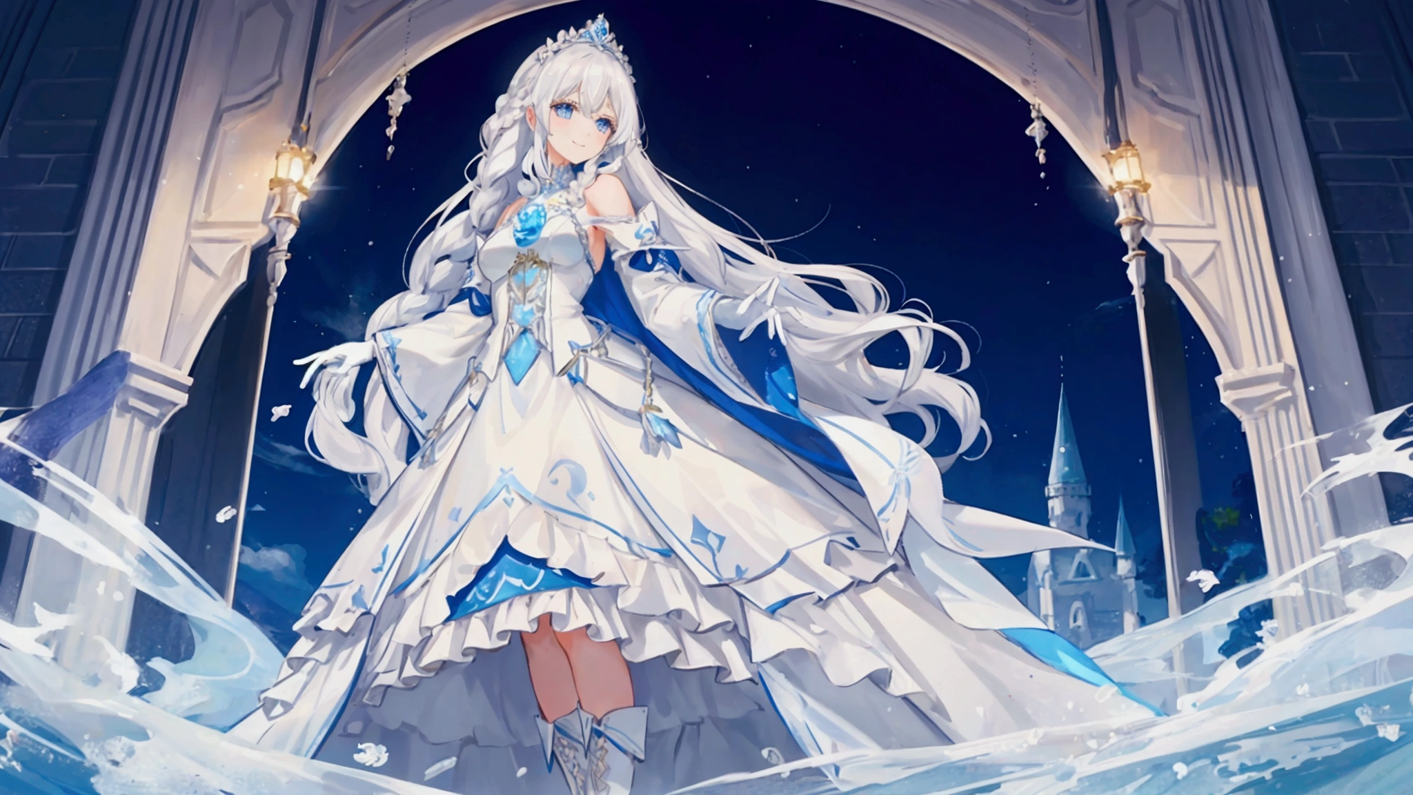 A woman with white hair and blue eyes、adult、Long, fluffy wavy hair、Braiding、Wearing hair ornaments、Smiling、Elegant and ladylike、Elegant、Princess、White gloves、Wearing a cape、White and blue dress、Wave pattern、Decorations such as roses and drops、The dress is short in the front and long in the back、Garter Ring、boots、water、Fantasy