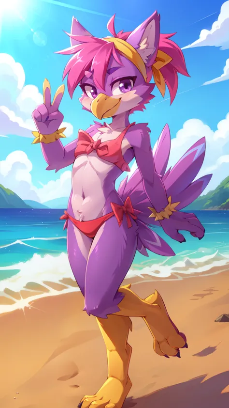 score_9,score_8_up,score_7_up, source_cartoon, source_furry, Furry girl, bird, yellow bird beak, magenta hair, short spiky hairstyle, spiky ponytail, anime style, small breasts, purple eyes, big eyebrows, purple animal ears, ((bright yellow swim top and ruffled swim bottom, yellow headband with ribbon)), high quality, detailed body, detailed eyes, detailed face, masterpiece, glistening body, detailed body fur, best quality, clear purple body fur, skinny, back avian wings, avian, detailed hands, perfect lighting, perfect shadows, perfect eyes, perfect hair, perfect face, gorgeous body, full body, ((yellow feets, feets with three toes, 3 toes)), smirk, beach, clear sky, (v sign, hand gesture), standing one leg up, 