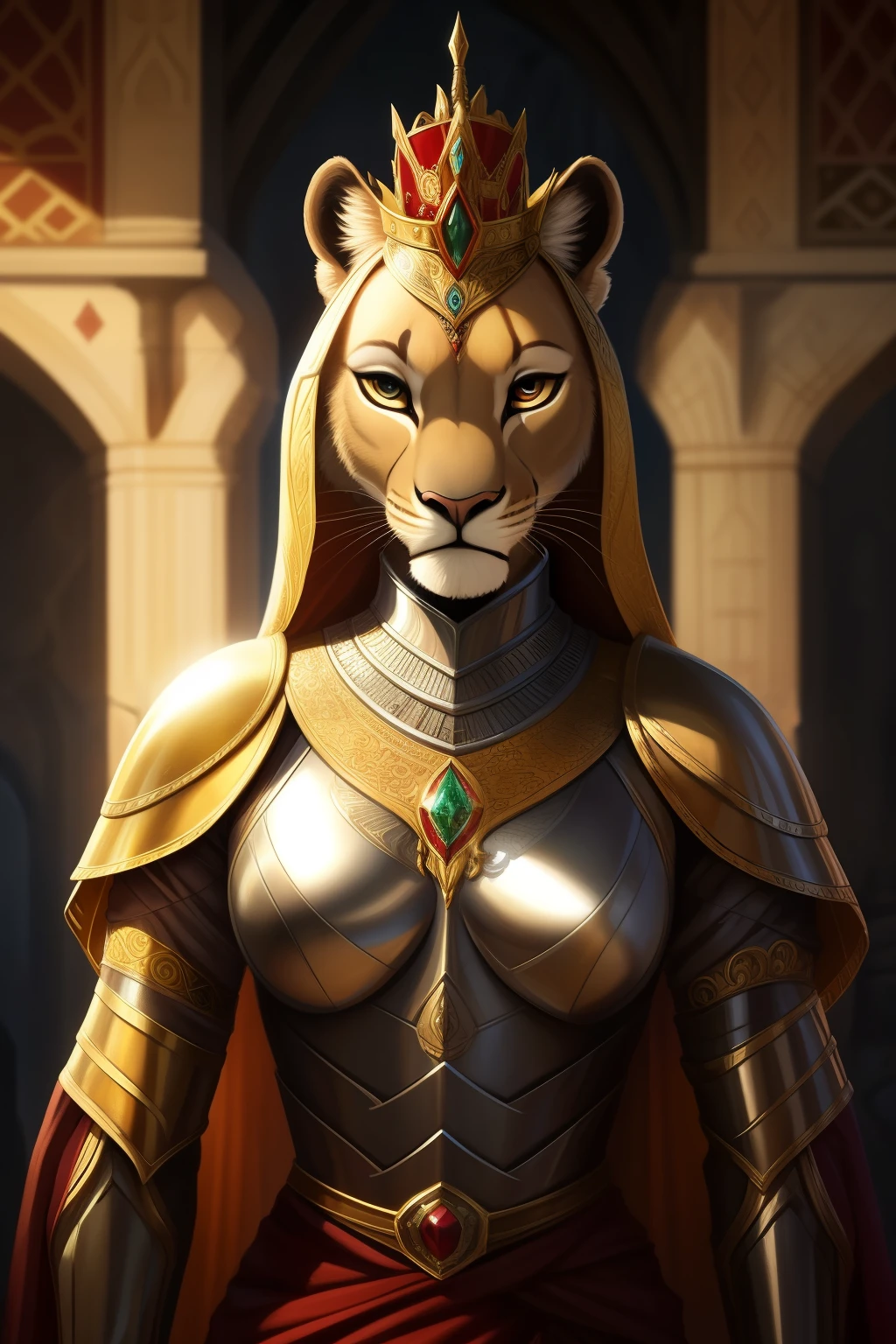 Digital masterpiece showcasing a regal lioness with humanoid features, donning exquisite medieval knight armor. The lioness's head is crowned with a magnificent, golden helmet, intricately designed and flowing, that accentuates her noble lineage. The armor, a gleaming blend of silver and crimson hues, covers her robust shoulders, chest, and arms, reflecting light and highlighting its polished surface. The setting is a gradient of enchanting dark green to captivating black, enhancing the image's breathtaking depth and contrast. With a realistic touch intertwined with a hint of fantasy, this digital illustration exudes the lioness queen's maj