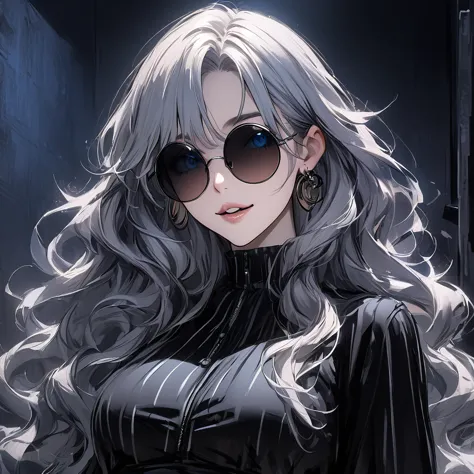 1girl, female gojo satoru, ((blue ringed eyes, round sunglasses)) ((silver_hair, wavy hair, hair curls )) , night view, (hanging...