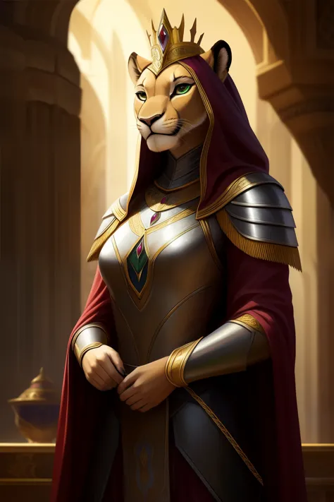 Digital masterpiece showcasing a regal lioness with humanoid features, donning exquisite medieval knight armor. The lioness's he...
