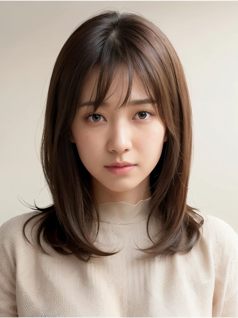 color long sleeve shirt, summer clothes, (Light beige background:1.2), a single woman, midium hair with bangs, (from side:1:1), (head fully visible:1.1), (no cropping:1.1), (high resolution1.1), (detailed), looking at viewer, cool expression, a few freckles, small breasts, (skin: realistic), (skin texture: high detail), (skin pores: visible), (skin imperfections: subtle), (skin glow: natural), (hair: realistic), (hair strands: detailed), (hair volume: natural), (hair highlights: subtle), (hair reflection: realistic), (clothing: realistic), (fabric: high detail), (fabric texture: natural), (fabric folds: realistic), (clothing wrinkles: subtle), (clothing reflection: accurate), (natural lighting), (Space above your head:1.3)