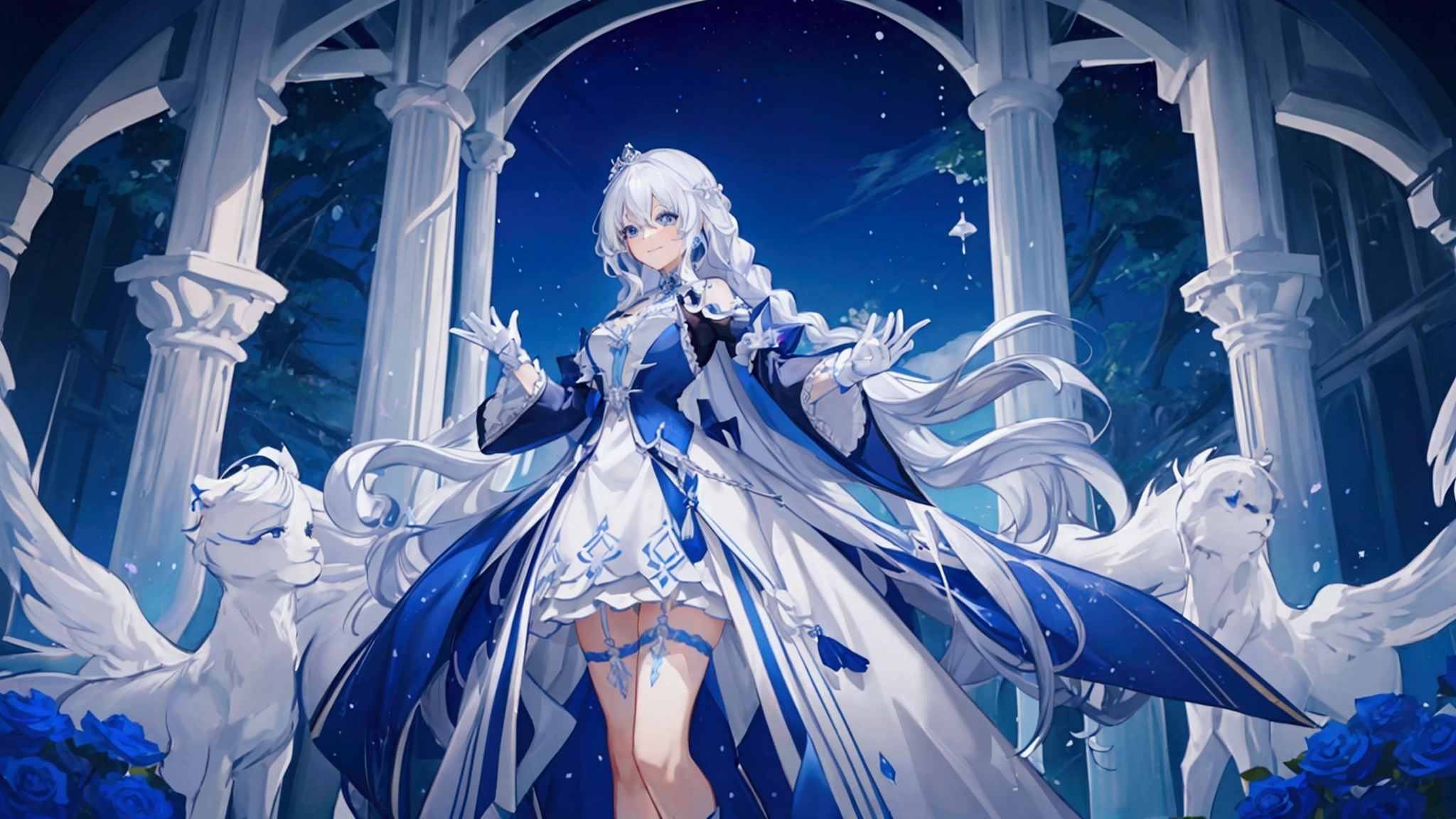 A woman with white hair and blue eyes、adult、Long, fluffy wavy hair、Braiding、Wearing hair ornaments、Smiling、Elegant and ladylike、Elegant、Princess、White gloves、Wearing a cape、White and blue dress、Wave pattern、Decorations such as roses and drops、The dress is short in the front and long in the back、Garter Ring、boots、water、Fantasy