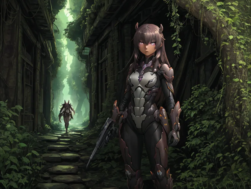 "Mizuki Yukikaze, with determination in the eyes, exploring ancient ruins filled with greenery, while facing mutant creatures. T...