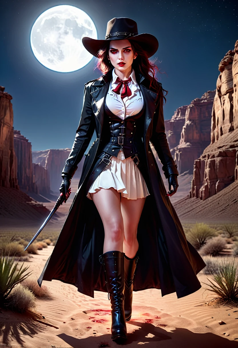 (estilo fotográfico del siglo XIX: 1.5) Imagen de una vaquera vampiro en la noche del desierto., una belleza gótica, exquisita y hermosa vampira, ((anatómicamente correcta: 1.5), (Ultra detallado face: 1.2), mejor cara detallada, Ojos rojos brillantes, cuerpo completo, tetona, Agotador white bottom shirt, falda corta, color dinámico. Agotador (sombrero de vaquero: 1.2), Agotador high heeled boots, Agotador open black trench coat, gabardina fluida,  es de noche en el desierto, luz de la luna. rayos de luna, Fondo del cañón del desierto de América occidental, Estilo hiperrealismo, vibrante, Resolución ultra alta, alto contraste, (obra maestra:1.5), de la máxima calidad, mejor estética), Mejores detalles, mejor calidad, alta resolución, Ultra gran angular, 16k, [Ultra detallado], obra maestra, mejor calidad, (extremadamente detallado) CRUDO, Estilo artístico chumbasket, fotografía de retrato rpg, Empapado de sangreAI, hombre del cuello