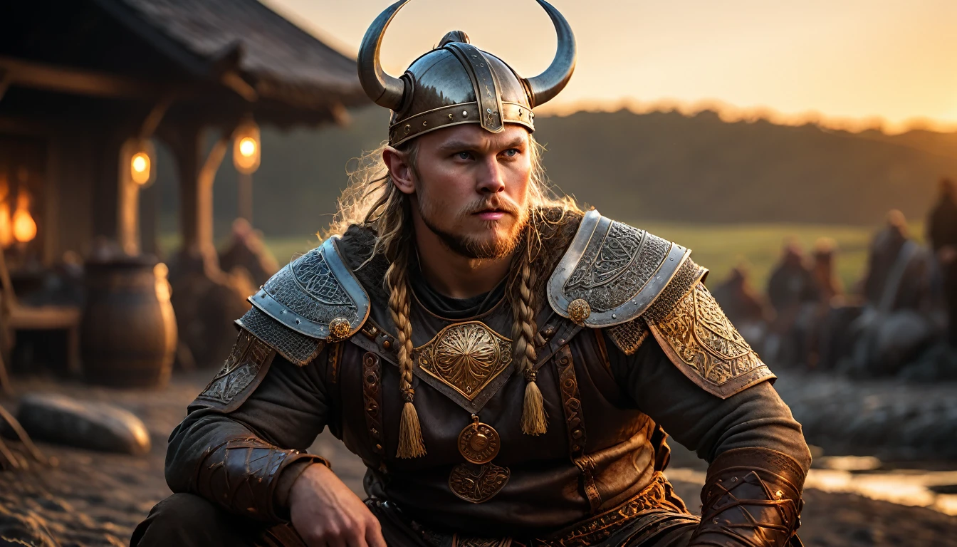 As the sun began to set, The warm golden hues of the sun illuminated his ornate attire, casting a warm glow across the area, Ground-level shot, badass viking eating, background dark, hyper realistic, ultra detailed hyper realistic, photorealistic, Studio Lighting, reflections, dynamic pose, Cinematic, Color Grading, Photography, Shot on 50mm lens, Ultra-Wide Angle, Depth of Field, hyper-detailed, beautifully color, 8k, golden light from the front,