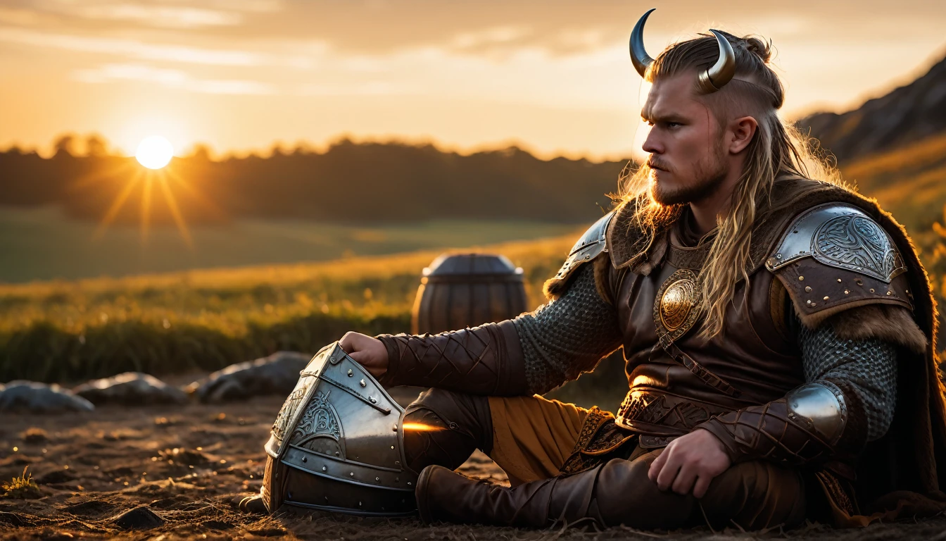 As the sun began to set, The warm golden hues of the sun illuminated his ornate attire, casting a warm glow across the area, Ground-level shot, badass viking eating, background dark, hyper realistic, ultra detailed hyper realistic, photorealistic, Studio Lighting, reflections, dynamic pose, Cinematic, Color Grading, Photography, Shot on 50mm lens, Ultra-Wide Angle, Depth of Field, hyper-detailed, beautifully color, 8k, golden light from the front,