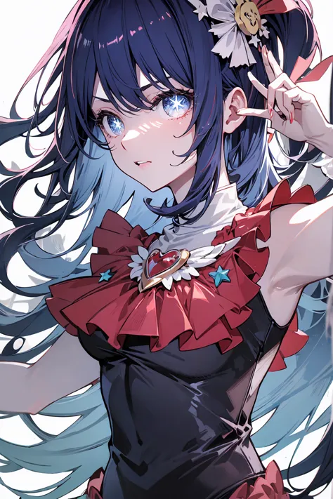 blue hair girl, radiant blue eyes with a star in the middle, dressed as idol.