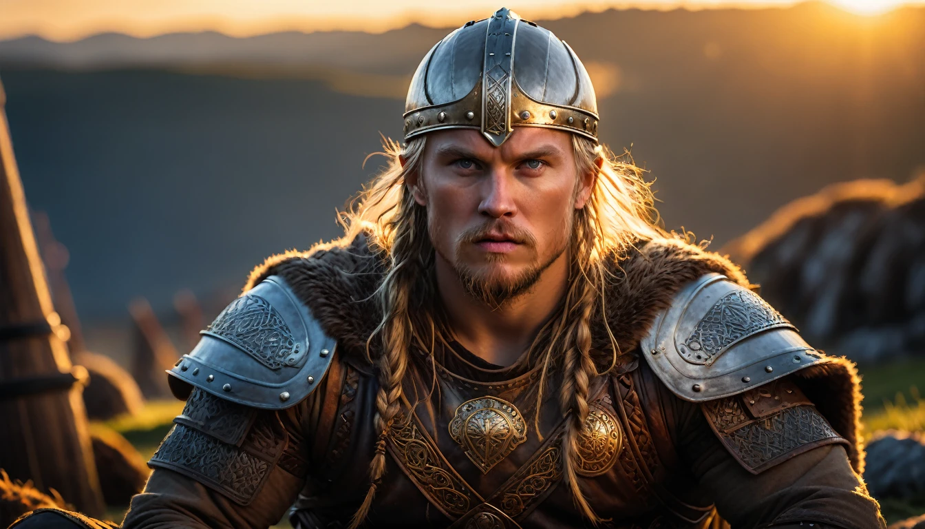 As the sun began to set, The warm golden hues of the sun illuminated his ornate attire, casting a warm glow across the area, Ground-level shot, badass viking eating, background dark, hyper realistic, ultra detailed hyper realistic, photorealistic, Studio Lighting, reflections, dynamic pose, Cinematic, Color Grading, Photography, Shot on 50mm lens, Ultra-Wide Angle, Depth of Field, hyper-detailed, beautifully color, 8k, golden light from the front, show the character in the right side of the picture.