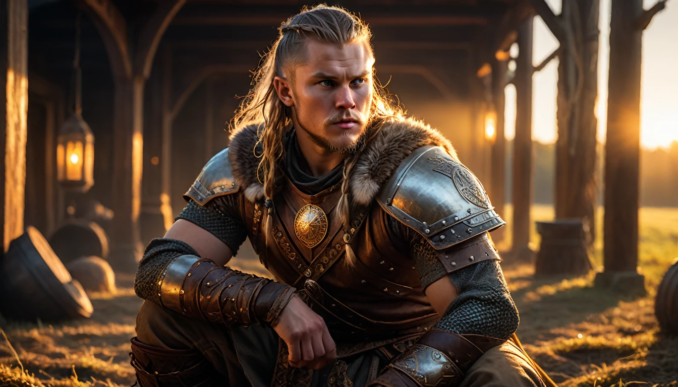 As the sun began to set, The warm golden hues of the sun illuminated his ornate attire, casting a warm glow across the area, Ground-level shot, badass viking eating, background dark, hyper realistic, ultra detailed hyper realistic, photorealistic, Studio Lighting, reflections, dynamic pose, Cinematic, Color Grading, Photography, Shot on 50mm lens, Ultra-Wide Angle, Depth of Field, hyper-detailed, beautifully color, 8k, golden light from the front, show the character in the right side of the picture.