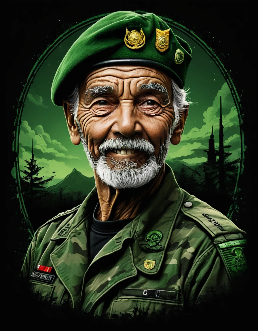 A charming fantasia negra streetwear t-shirt design featuring an edgy old military man wearing a boina verde. O Soldado, com as palavras "boina verde" na cabeça e vestindo equipamento tático branco, irradiava ameaça com um sorriso largo e olhar penetrante. O cenário combina perfeitamente padrões de camuflagem militar com um céu noturno sinistro, criando uma sensação de perigo, mistério e aspereza urbana. The overall design is a perfect blend of fantasia negra and streetwear aesthetics., fantasia negra