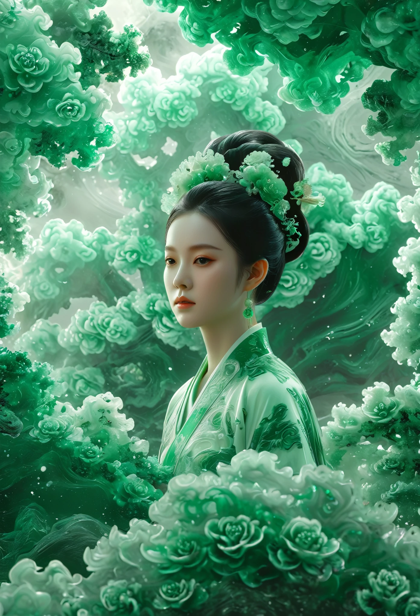 Jade Fractal，luminescent，1 Girl，。(Best quality,4K,8K,A high resolution,Masterpiece:1.2), (Realistic,Photorealistic,photo-realistic:1.37).，Shiny，Exquisite，Monster，Unreal Engine 5，Texture，A three-dimensional character wearinghanfu,minimalism and abstract illustration, chinese ink painting style, chinese xuan paper texture, light penetrate the air, Fractals effect, Phosphore scence effect
