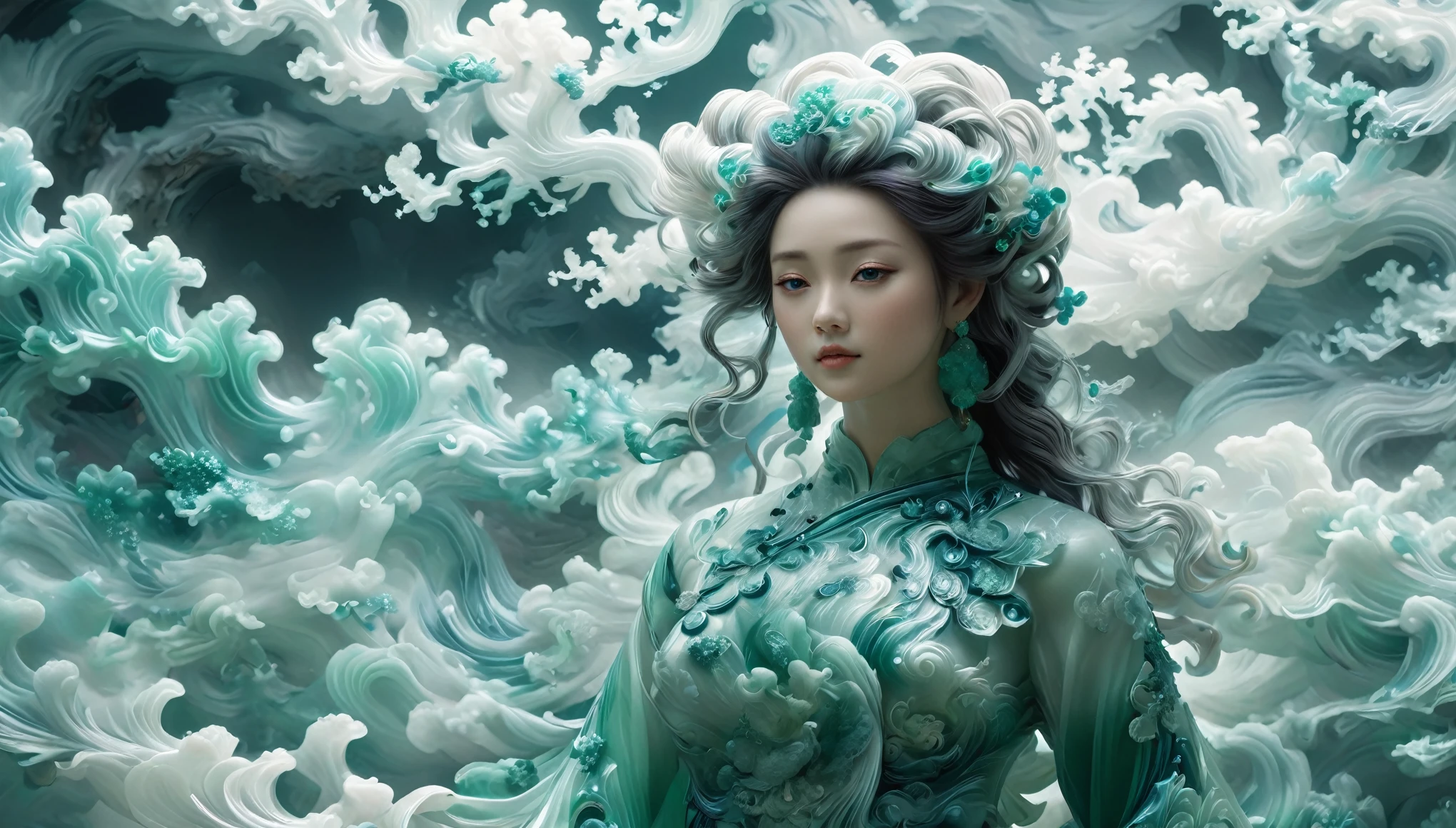 Jade Fractal，luminescent，1 Girl，。(Best quality,4K,8K,A high resolution,Masterpiece:1.2), (Realistic,Photorealistic,photo-realistic:1.37).，Shiny，Exquisite，Monster，Unreal Engine 5，Texture，A three-dimensional character wearinghanfu,minimalism and abstract illustration, chinese ink painting style, chinese xuan paper texture, light penetrate the air, Fractals effect, Phosphore scence effect
