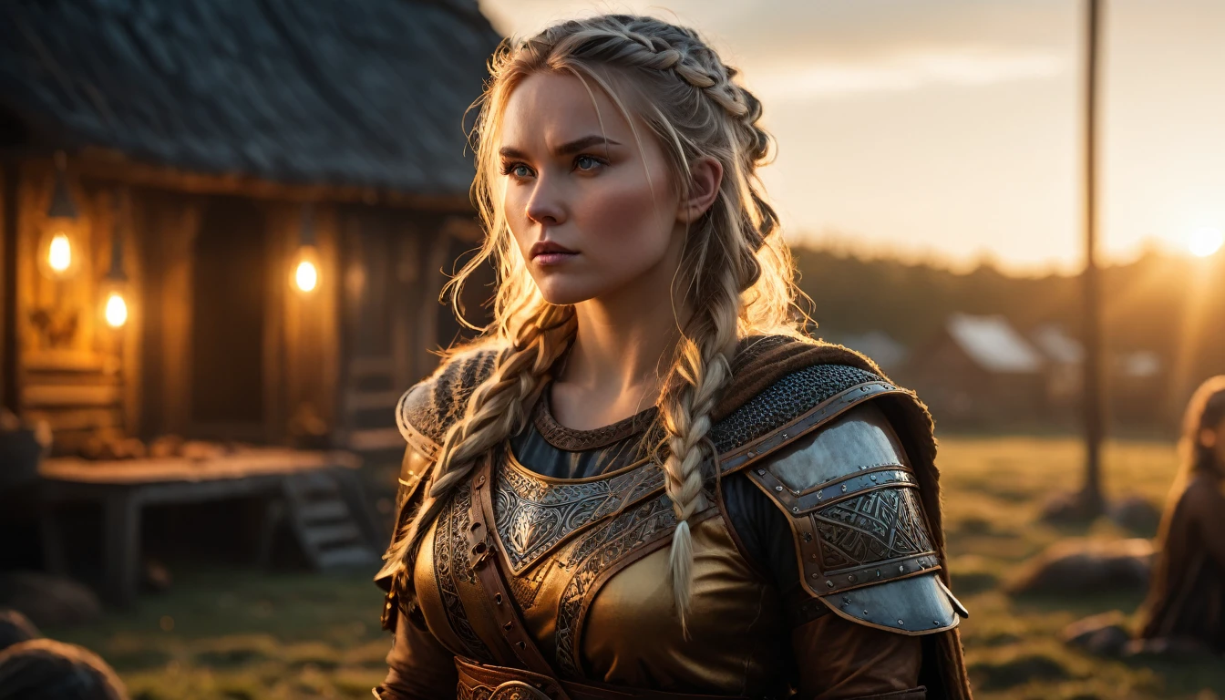 As the sun began to set, The warm golden hues of the sun illuminated his ornate attire, casting a warm glow across the area, Ground-level shot, badass woman viking eating, background dark, hyper realistic, ultra detailed hyper realistic, photorealistic, Studio Lighting, reflections, dynamic pose, Cinematic, Color Grading, Photography, Shot on 50mm lens, Ultra-Wide Angle, Depth of Field, hyper-detailed, beautifully color, 8k, golden light from the front, show the character in the right side of the picture.