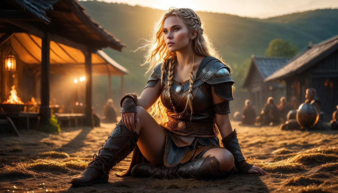 As the sun began to set, The warm golden hues of the sun illuminated his ornate attire, casting a warm glow across the area, Ground-level shot, badass woman viking eating, background dark, hyper realistic, ultra detailed hyper realistic, photorealistic, Studio Lighting, reflections, dynamic pose, Cinematic, Color Grading, Photography, Shot on 50mm lens, Ultra-Wide Angle, Depth of Field, hyper-detailed, beautifully color, 8k, golden light from the front, show the character in the right side of the picture.