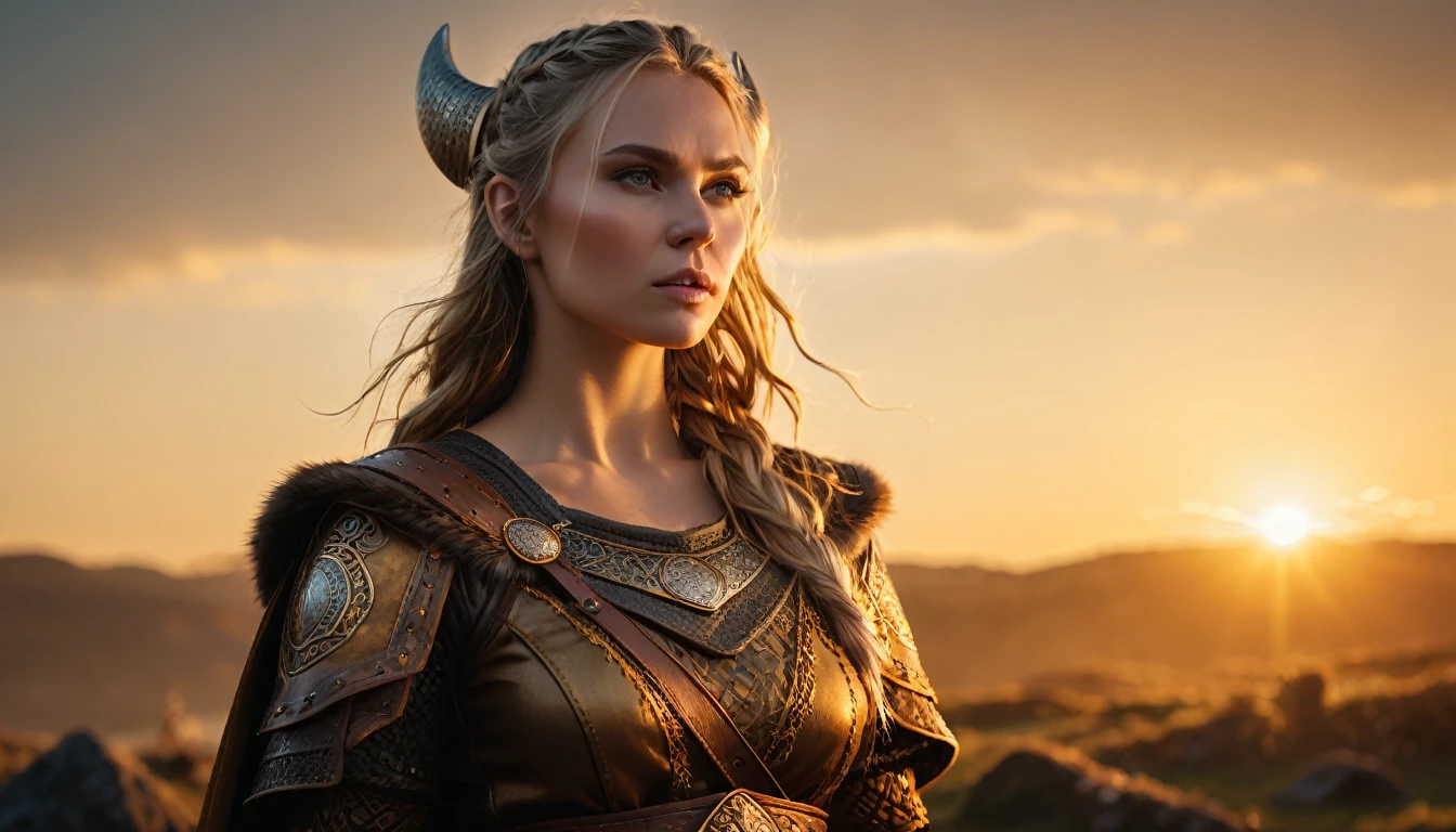 As the sun began to set, The warm golden hues of the sun illuminated his ornate attire, casting a warm glow across the area, Ground-level shot, badass woman viking eating, background dark, hyper realistic, ultra detailed hyper realistic, photorealistic, Studio Lighting, reflections, dynamic pose, Cinematic, Color Grading, Photography, Shot on 50mm lens, Ultra-Wide Angle, Depth of Field, hyper-detailed, beautifully color, 8k, golden light from the front, show the character in the right side of the picture.