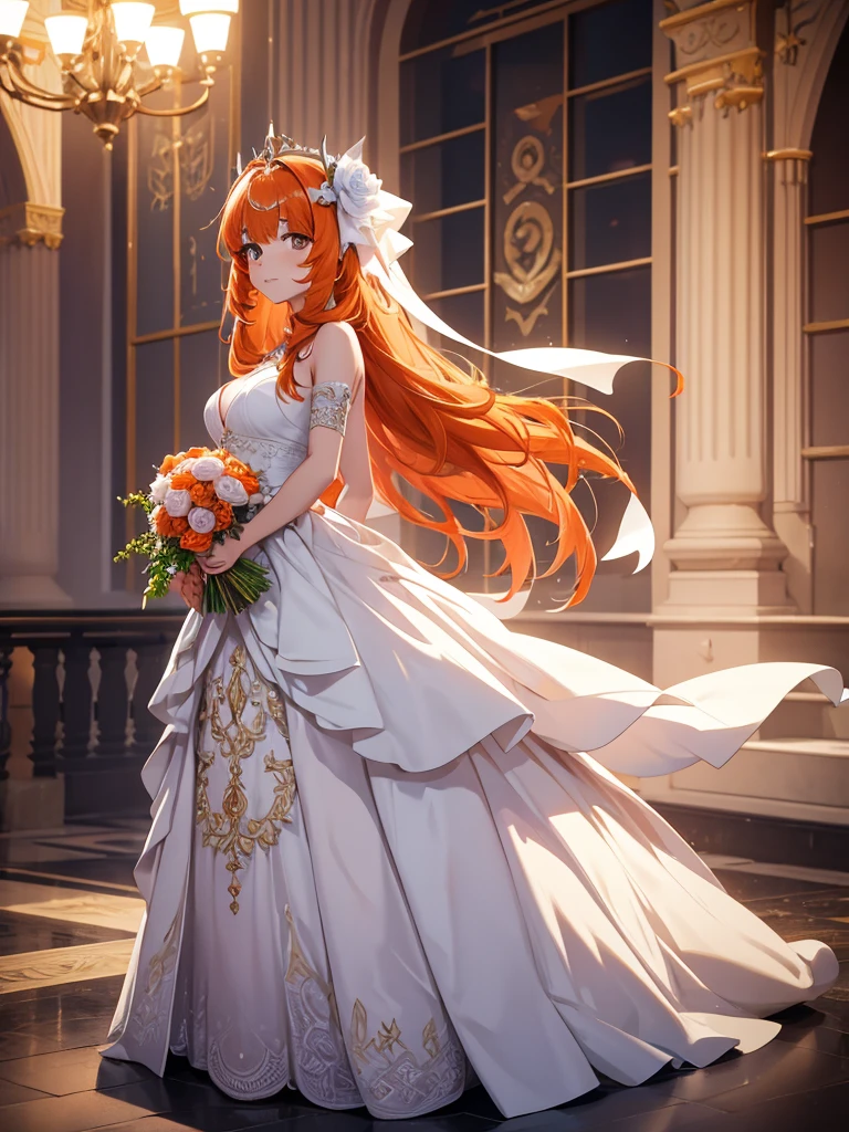 Nilou from Genshin impact game, 1girl, wearing a wedding dress, as a bride, white colour wedding frock, at a wedding ceremony , orange colour hair, 8k, high detailed, high quality, full body