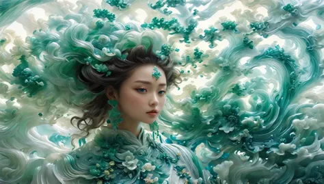 Jade Fractal，luminescent，1 Girl，。(Best quality,4K,8K,A high resolution,Masterpiece:1.2), (Realistic,Photorealistic,photo-realistic:1.37).，Shiny，Exquisite，Monster，Unreal Engine 5，Texture，A three-dimensional character wearinghanfu,minimalism and abstract illustration, chinese ink painting style, chinese xuan paper texture, light penetrate the air, Fractals effect, Phosphore scence effect
