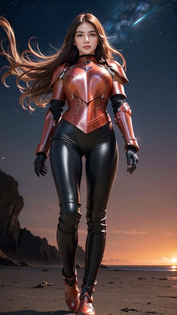 ((best quality)), ((masterpiece)), (ultra detailed lights), ((full body:1.3)), ((skinny body)), 1girl, extremely beautiful, ((slim body)), thighs gap, ultra face details, 20 years old, ((pink curvy-hair)), ((hair blown by strong winds :1.3)), Award-winning photograph, ((symmetrical pose)), ((full body glossy red armor)), posing in the middle, intricate details, ((thight glossy red armour)), ((extremely details armor)), ((tight black latex pants)), ((full thighs glossy red armor)), ((glossy red armor)), ((edge luminous armor)), cameltoe, luminescent, epic lights reflections, at beach, full of stars, orange clouds, nebula sky, aurora borealis, shooting stars, ((from below))