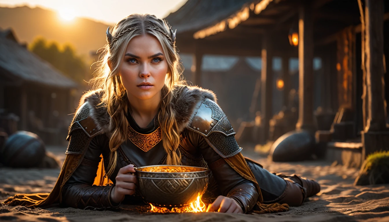 As the sun began to set, The warm golden hues of the sun illuminated his ornate attire, casting a warm glow across the area, Ground-level shot, badass woman viking eating, background dark, hyper realistic, ultra detailed hyper realistic, photorealistic, Studio Lighting, reflections, dynamic pose, Cinematic, Color Grading, Photography, Shot on 50mm lens, Ultra-Wide Angle, Depth of Field, hyper-detailed, beautifully color, 8k, golden light from the front, show the character in the right side of the picture.