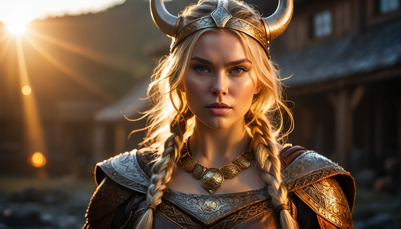 As the sun began to set, The warm golden hues of the sun illuminated his ornate attire, casting a warm glow across the area, Ground-level shot, badass woman viking eating, background dark, hyper realistic, ultra detailed hyper realistic, photorealistic, Studio Lighting, reflections, dynamic pose, Cinematic, Color Grading, Photography, Shot on 50mm lens, Ultra-Wide Angle, Depth of Field, hyper-detailed, beautifully color, 8k, golden light from the front, show the character in the right side of the picture.