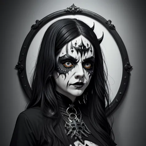 a drawing of a woman, women's t-shirt with very detailed makeup, Corpse Paint (in Portuguese: corpse painting) is a type of blac...