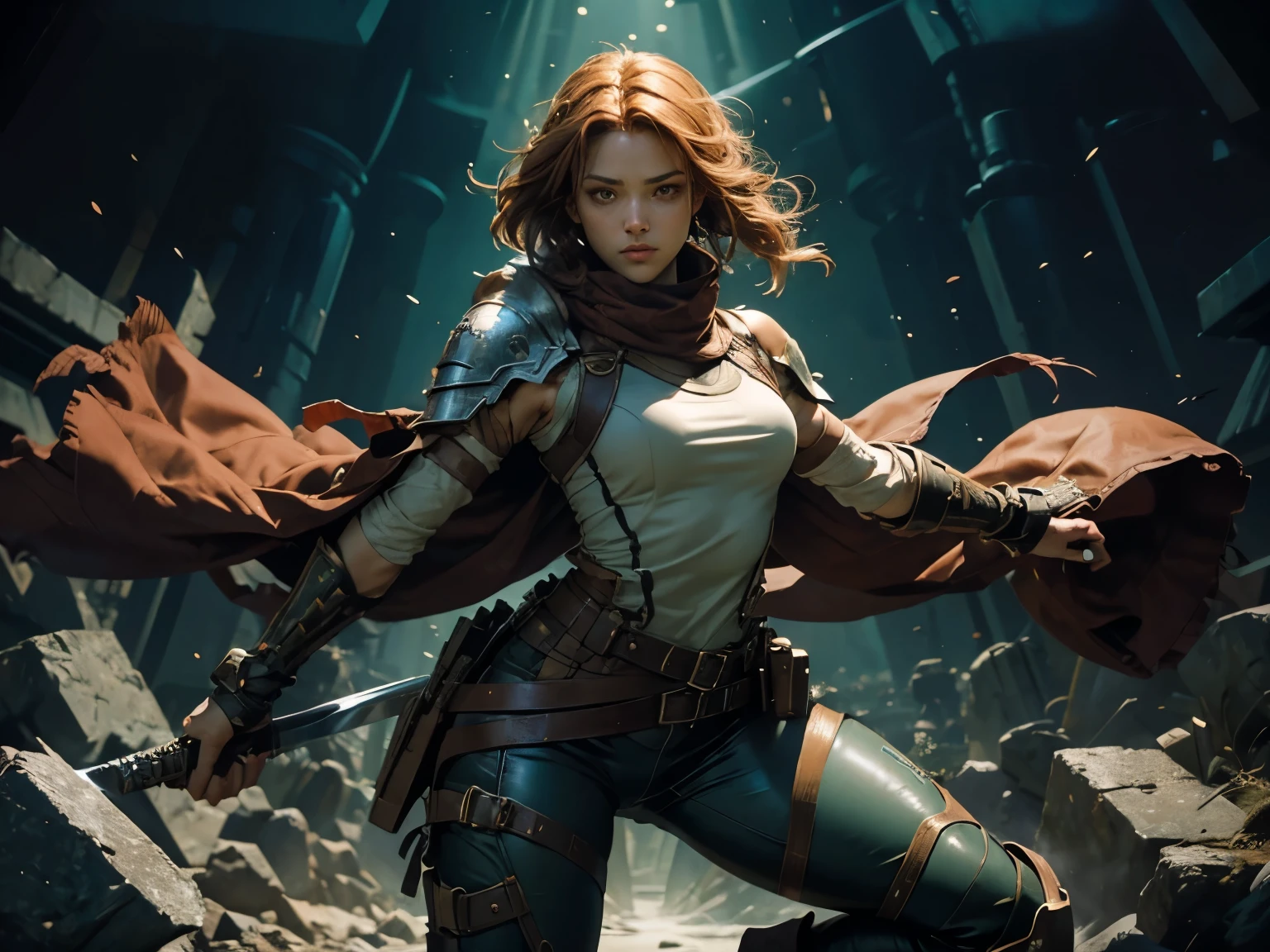 Echo stands in a combat-ready position, fully visible from the front. Her legs are spread shoulder-width apart, one hand on the hilt of her sword, the other on her belt, ready to draw a throwing knife. Her light chestnut hair is braided, draped over her shoulder. She wears a dark leather vest that highlights her athletic build and dark turquoise pants that tightly hug her toned buttocks and thighs. Throwing knives are attached to her right thigh. Her face is full of determination and confidence, her brown eyes with green hues focused on the enemy in front of her. The camera is shot at eye level to show her entire figure and facial expression. 