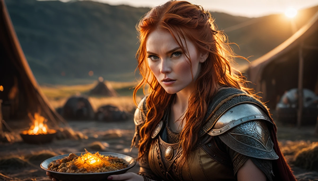 As the sun began to set, The warm golden hues of the sun illuminated his ornate attire, casting a warm glow across the area, Ground-level shot, badass red hair woman viking eating, background dark, hyper realistic, ultra detailed hyper realistic, photorealistic, Studio Lighting, reflections, dynamic pose, Cinematic, Color Grading, Photography, Shot on 50mm lens, Ultra-Wide Angle, Depth of Field, hyper-detailed, beautifully color, 8k, golden light from the front, show the character in the right side of the picture, show the character in the extreme right side of the screen