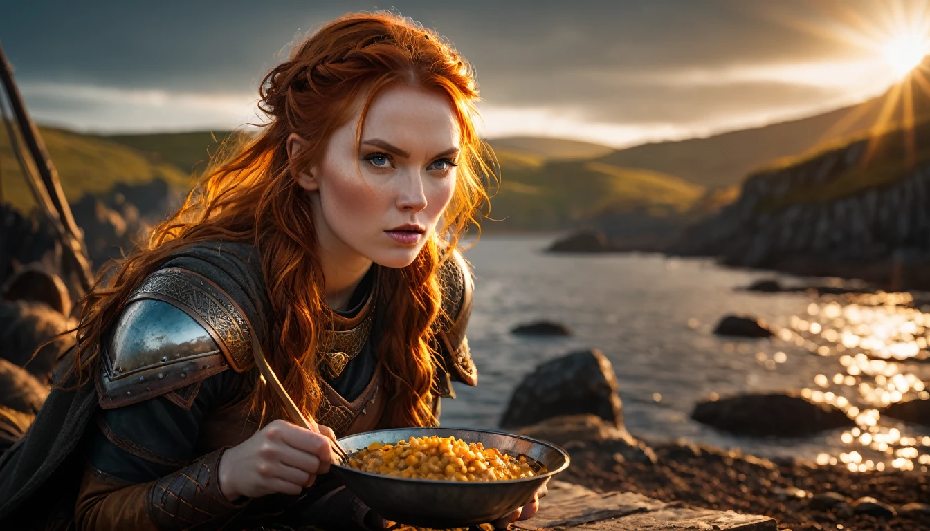 As the sun began to set, The warm golden hues of the sun illuminated his ornate attire, casting a warm glow across the area, Ground-level shot, badass red hair woman viking eating, background dark, hyper realistic, ultra detailed hyper realistic, photorealistic, Studio Lighting, reflections, dynamic pose, Cinematic, Color Grading, Photography, Shot on 50mm lens, Ultra-Wide Angle, Depth of Field, hyper-detailed, beautifully color, 8k, golden light from the front, show the character in the right side of the picture, show the character in the extreme right side of the screen