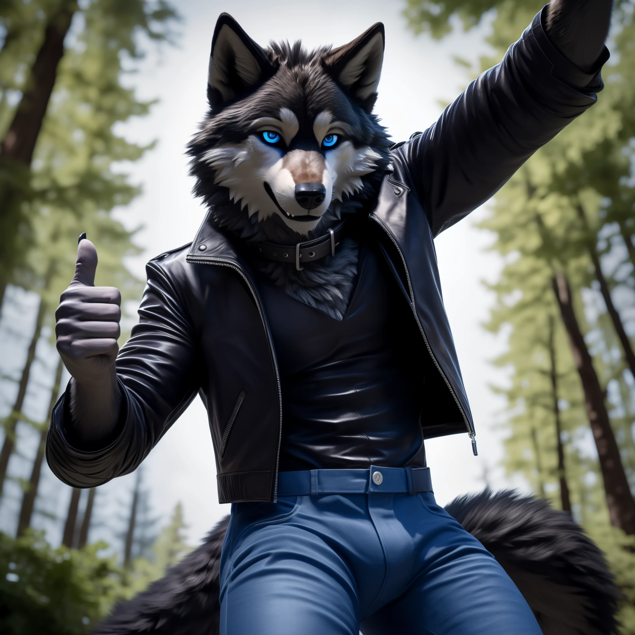 Posing, 1Male, 30 years old, cute, eyeliner, happy expression, black leather jacket, anthro, wolf ears, (black fur:1.5), wolf, forest background, 8k, hi res, (best quality, masterpiece), (wolf tail:1.5), detailed fur, solo, collar, blue jeans, blue eyes. dynamic angle, ultra-detailed, thumbs up