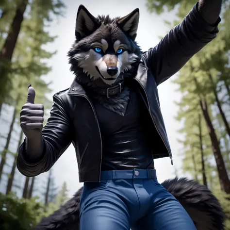 posing, 1male, 30 years old, cute, eyeliner, happy expression, black leather jacket, anthro, wolf ears, (black fur:1.5), wolf, f...