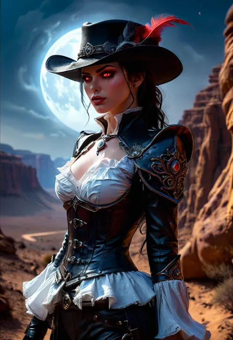 (Victorian photograph style: 1.5) picture of a female vampire cowboy in the desert night, a goth beauty, exquisite beautiful fem...
