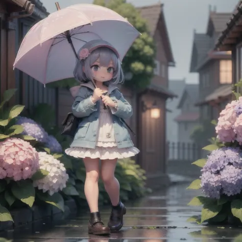 (masterpiece:1.2, ultra detailed,1.5, unity 8k wallpaper, detailed finger:1.2), hydrangea:1.5, girl, cheerful, raincoat, rainy s...