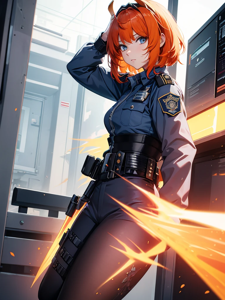 Nilou from Genshin impact game, 1girl, as a police lady,  wearing a police outfit, at a police station, orange colour hair, 8k, high detailed, high quality, full body