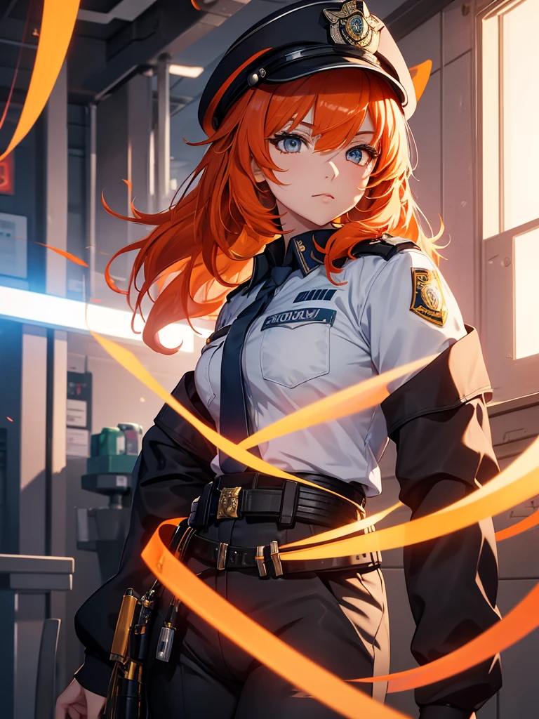 Nilou from Genshin impact game, 1girl, as a police lady,  wearing a police outfit, at a police station, orange colour hair, 8k, high detailed, high quality, full body