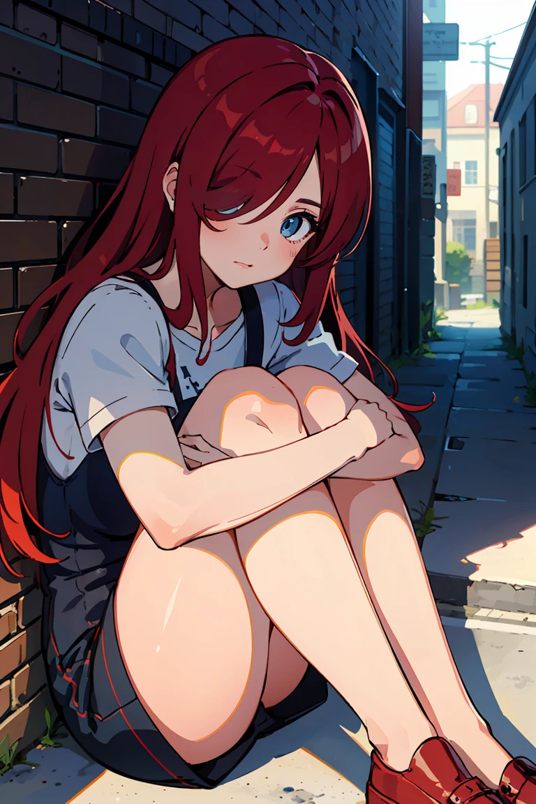 masterpiece, best quality, highly detailed background, perfect lighting, best quality, (extremely detailed face), volumetric lighting, intricate details, shadow, tonemapping, sharp focus, hyper detailed, trending on Artstation, (solo) ((Looking at the viewer)) (long red hair) (Hair over face) (only one eye visible) (curvy) (Big bewaar), ((Blue eyes)) ((human)) (sexy pose) (sad) (Sitting on the floor of an alley (hugging her knees)