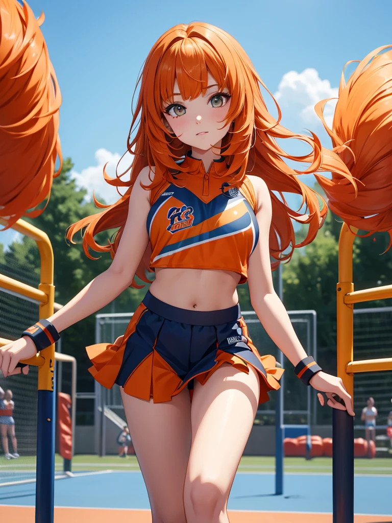 Nilou from Genshin impact game, 1girl, as a cheerleader, wearing cheerleader outfit, at a playground , orange colour hair, 8k, high detailed, high quality, full body