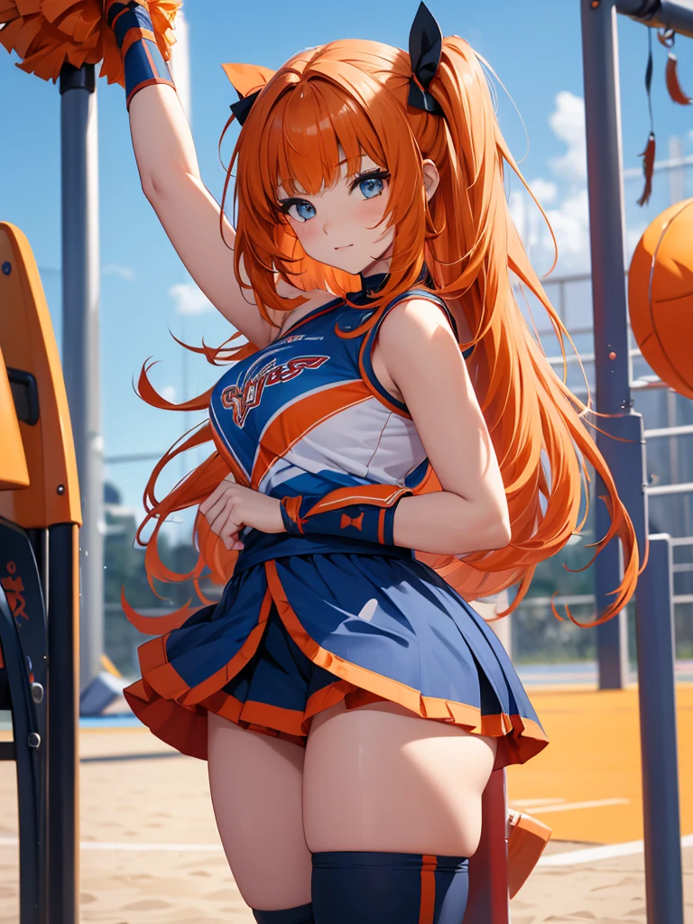 Nilou from Genshin impact game, 1girl, as a cheerleader, wearing cheerleader outfit, at a playground , orange colour hair, 8k, high detailed, high quality, full body