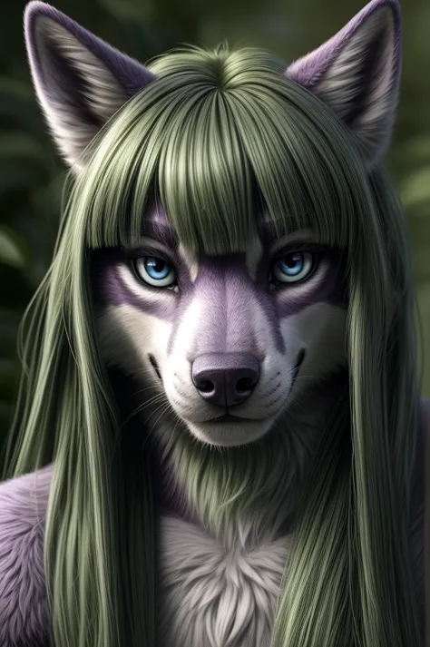 RAW Photo, realistic, husky furry boy, olive green hair, (purple snout), long hair,looking at viewer,crossed bangs,blue eyes,
