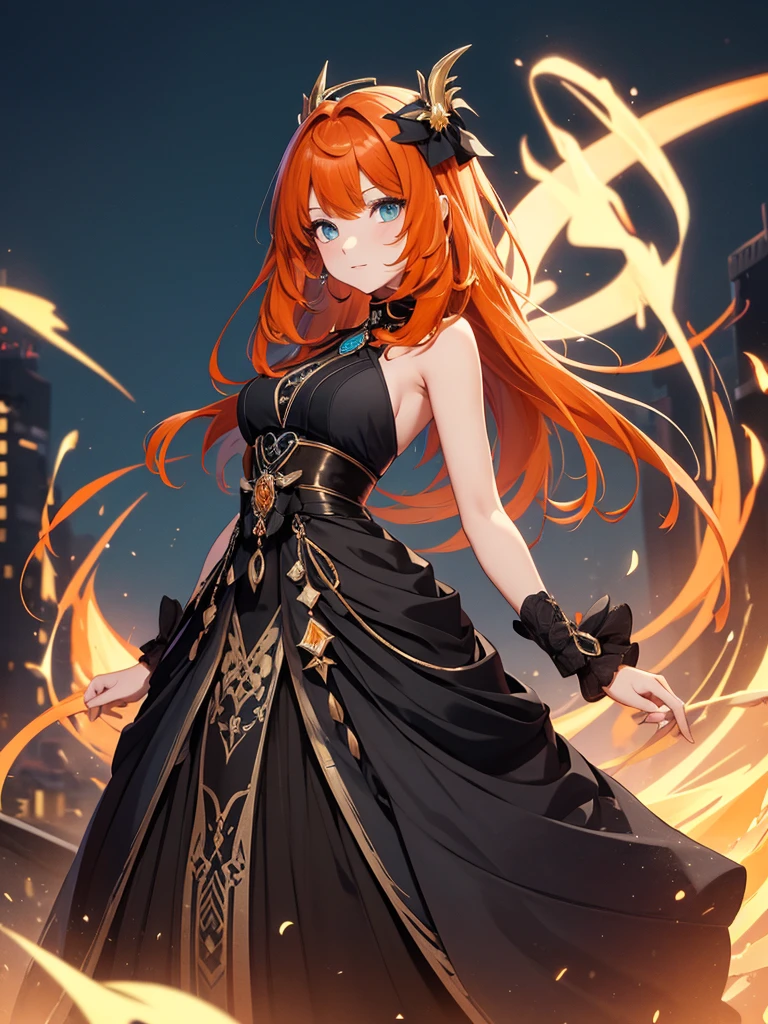 Nilou from Genshin impact game, 1girl, wearing a black colour party frock, at a night party, orange colour hair, 8k, high detailed, high quality, full body