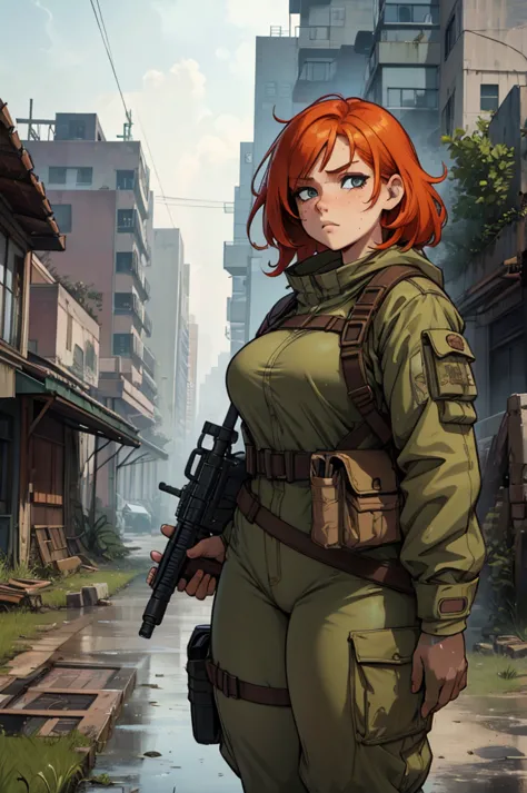 Cute ginger girl, thick, thick thighs, busty, freckles, survival gear, apocalypse, dirty clothes, dirty face, messy hair, in a d...