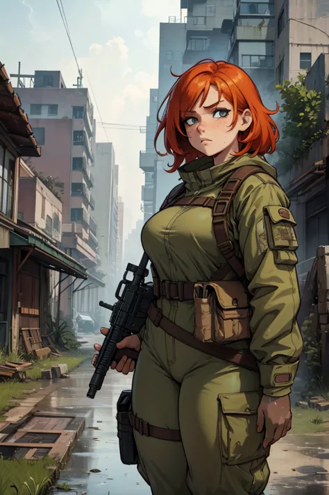 cute ginger girl, thick, thick thighs, busty, freckles, survival gear, apocalypse, dirty clothes, dirty face, messy hair, in a d...