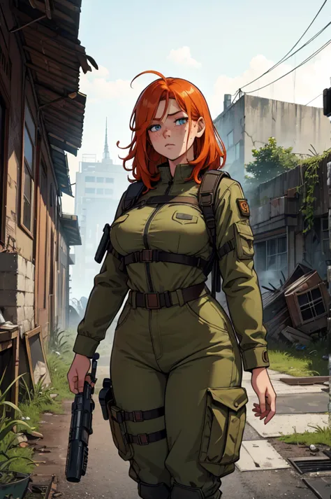 cute ginger girl, thick, thick thighs, busty, freckles, survival gear, apocalypse, dirty clothes, dirty face, messy hair, in a d...