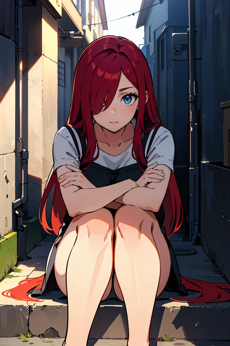 masterpiece, best quality, highly detailed background, perfect lighting, best quality, (extremely detailed face), volumetric lighting, intricate details, shadow, tonemapping, sharp focus, hyper detailed, trending on Artstation, (solo) ((Looking at the viewer)) (long red hair) (Hair over face) (only one eye visible) (curvy) (Big bewaar), ((Blue eyes)) ((human)) (sexy pose) (sad) (Sitting on the floor of an alley (hugging her knees) ((Big thighs))